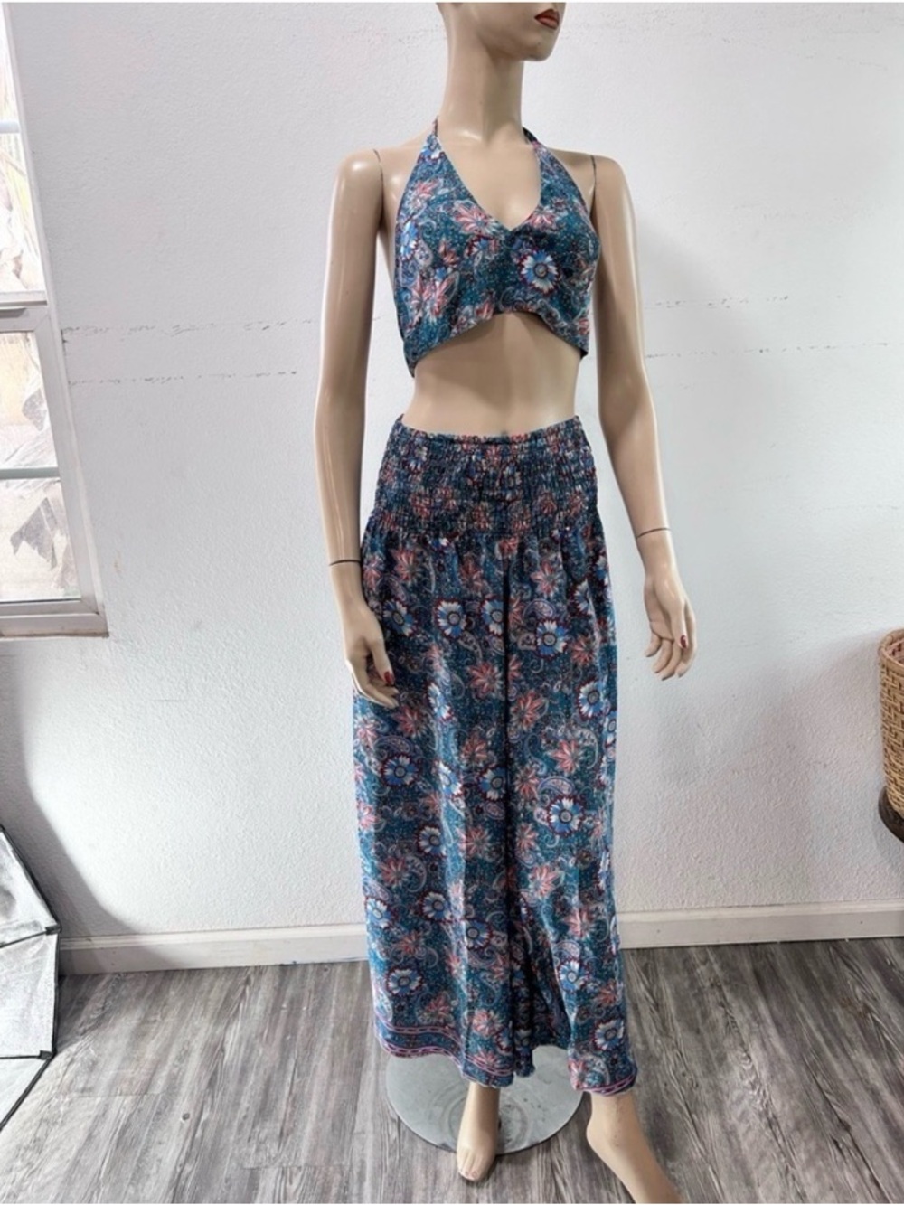 Bold & Beautiful Boho Floral Two-Piece Halter Top & Maxi pants Set - Teal Floral
